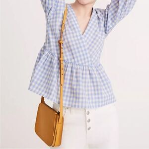 MADEWELL | Gingham Plaid Light Blue & White Peplum Faux Wrap Top Women’s Size S
